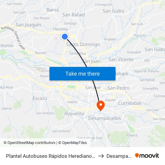 Plantel Autobuses Rápidos Heredianos, Pirro Heredia to Desamparados map