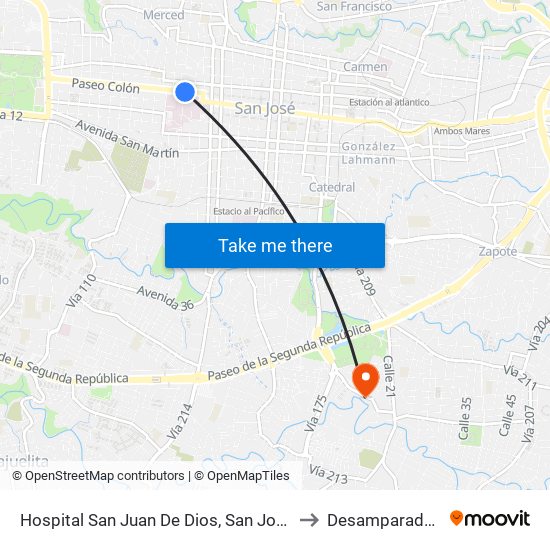 Hospital San Juan De Dios, San José to Desamparados map