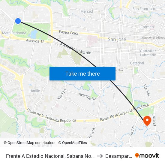Frente A Estadio Nacional, Sabana Norte San José to Desamparados map