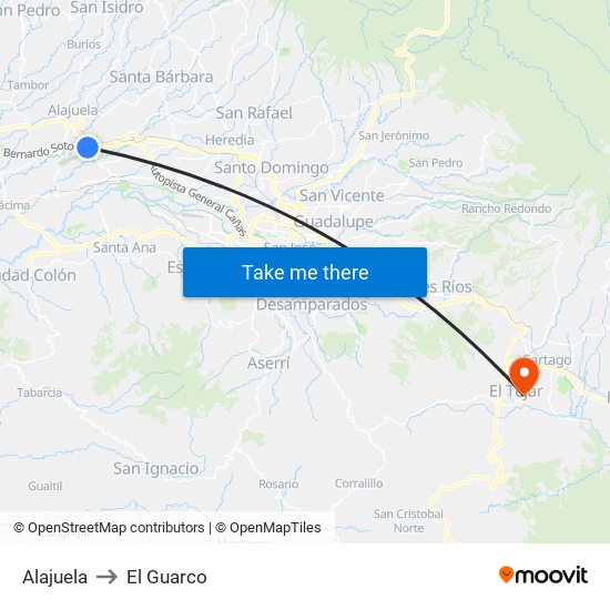 Alajuela to El Guarco map
