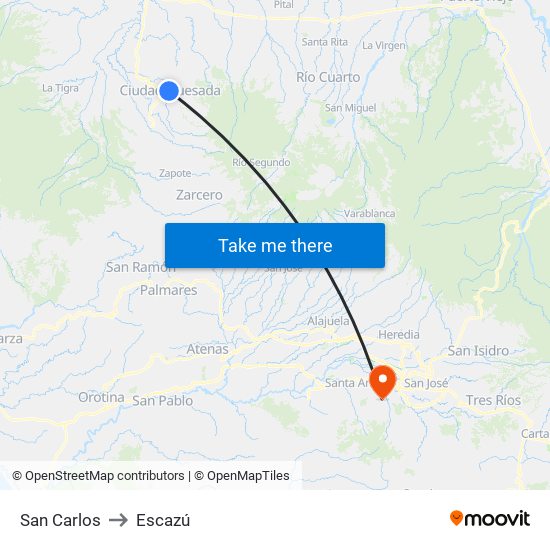 San Carlos to Escazú map