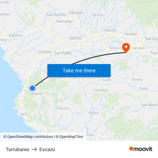 Turrubares to Escazú map