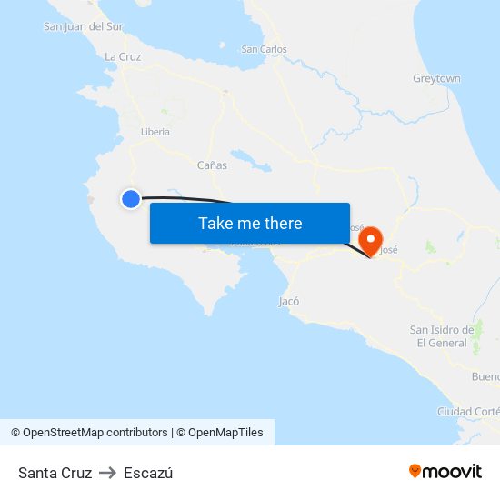 Santa Cruz to Escazú map