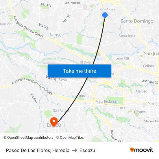 Paseo De Las Flores, Heredia to Escazú map