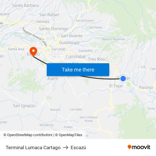 Terminal Lumaca Cartago to Escazú map