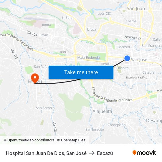 Hospital San Juan De Dios, San José to Escazú map