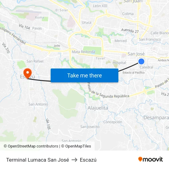 Terminal Lumaca San José to Escazú map