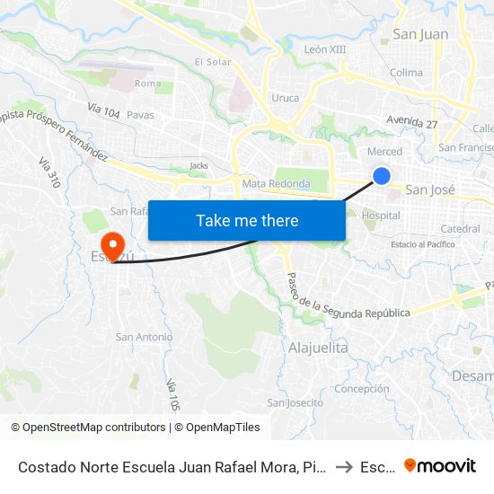 Costado Norte Escuela Juan Rafael Mora, Pitahaya San José to Escazú map