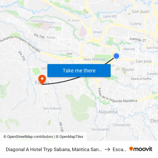 Diagonal A Hotel Tryp Sabana, Mántica San José to Escazú map