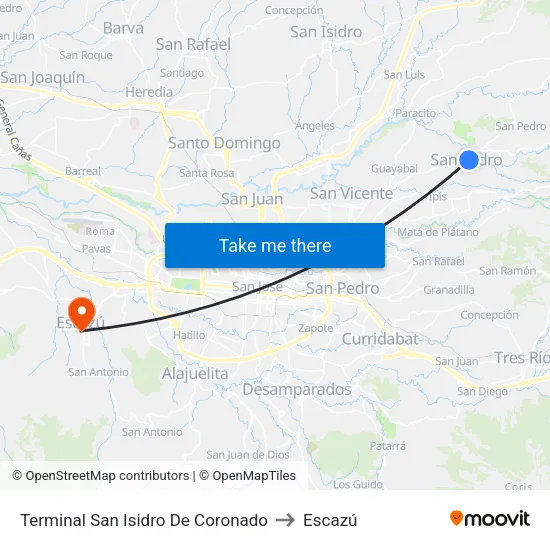 Terminal San Isidro De Coronado to Escazú map