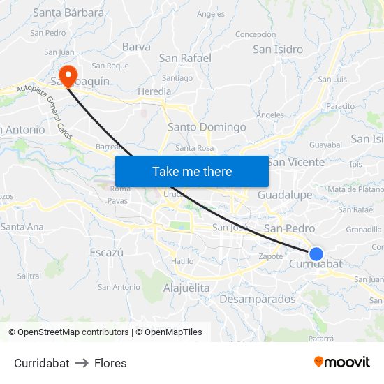 Curridabat to Flores map