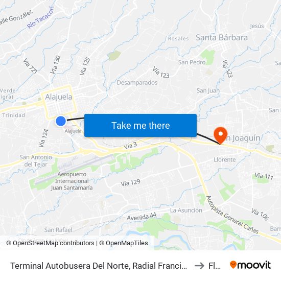 Terminal Autobusera Del Norte, Radial Francisco J. Orlich Alajuela to Flores map