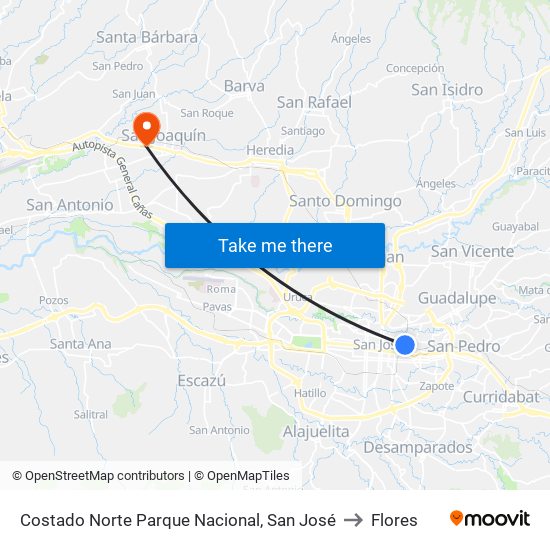 Costado Norte Parque Nacional, San José to Flores map