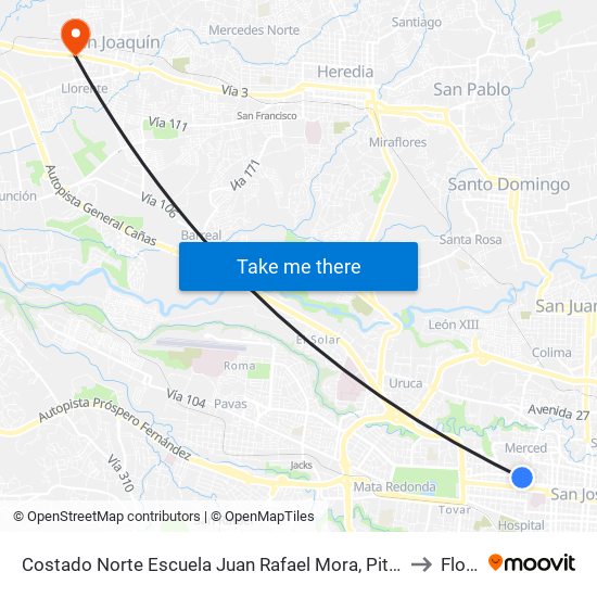 Costado Norte Escuela Juan Rafael Mora, Pitahaya San José to Flores map