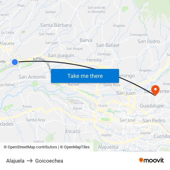 Alajuela to Goicoechea map