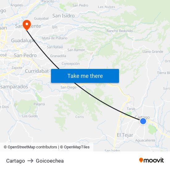 Cartago to Goicoechea map