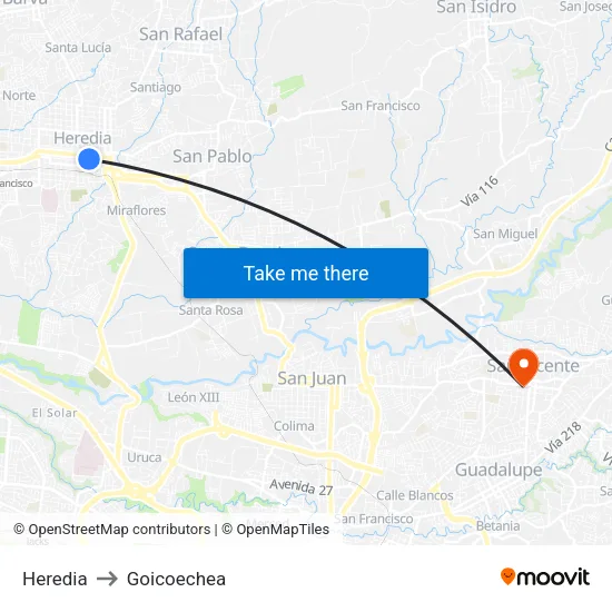 Heredia to Goicoechea map