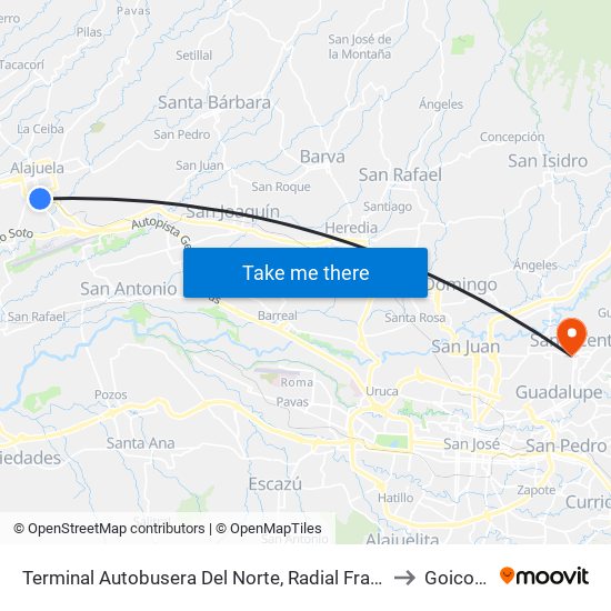 Terminal Autobusera Del Norte, Radial Francisco J. Orlich Alajuela to Goicoechea map