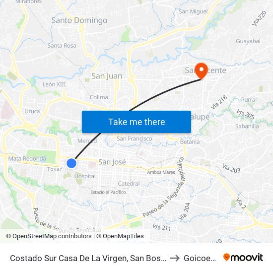 Costado Sur Casa De La Virgen, San Bosco San José to Goicoechea map