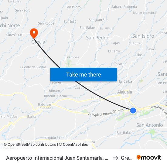 Aeropuerto Internacional Juan Santamaría, Alajuela to Grecia map