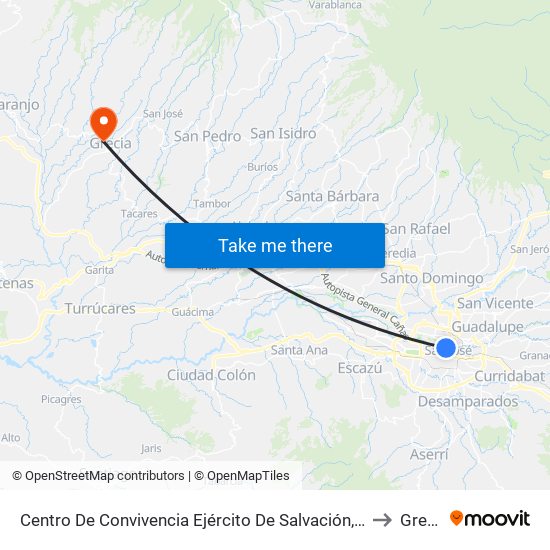 Centro De Convivencia Ejército De Salvación, San José to Grecia map