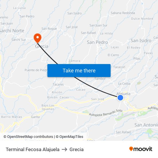 Terminal Fecosa Alajuela to Grecia map