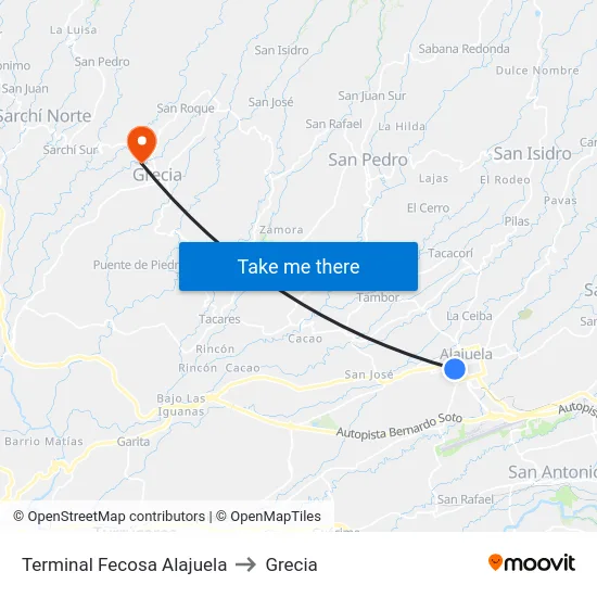 Terminal Fecosa Alajuela to Grecia map