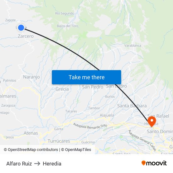 Alfaro Ruiz to Heredia map