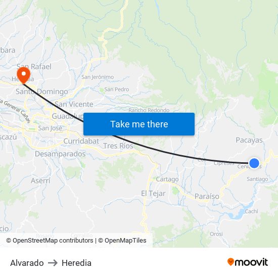 Alvarado to Heredia map