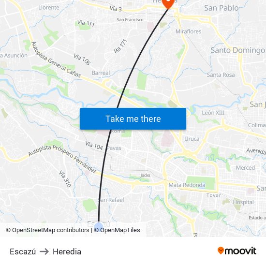 Escazú to Heredia map