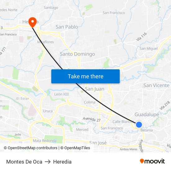 Montes De Oca to Heredia map