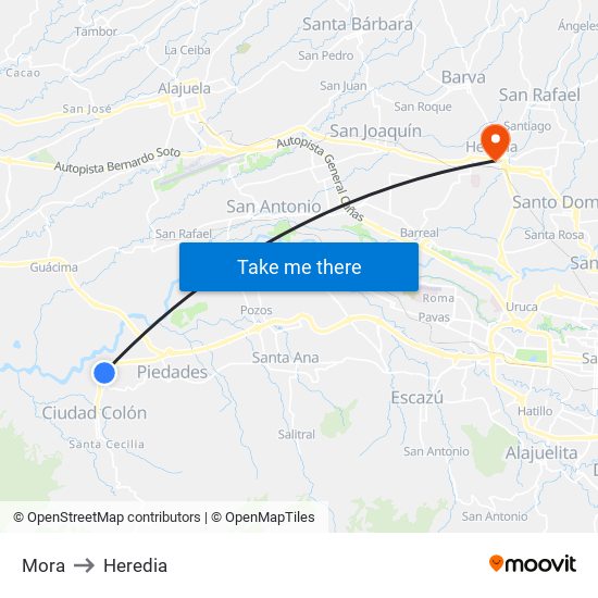 Mora to Heredia map