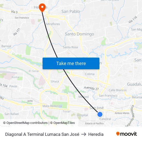 Diagonal A Terminal Lumaca San José to Heredia map