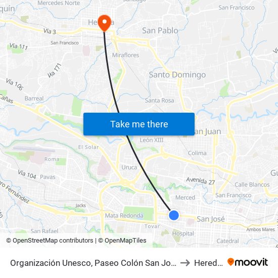 Organización Unesco, Paseo Colón San José to Heredia map