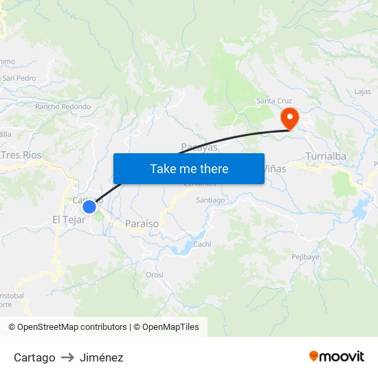 Cartago to Jiménez map