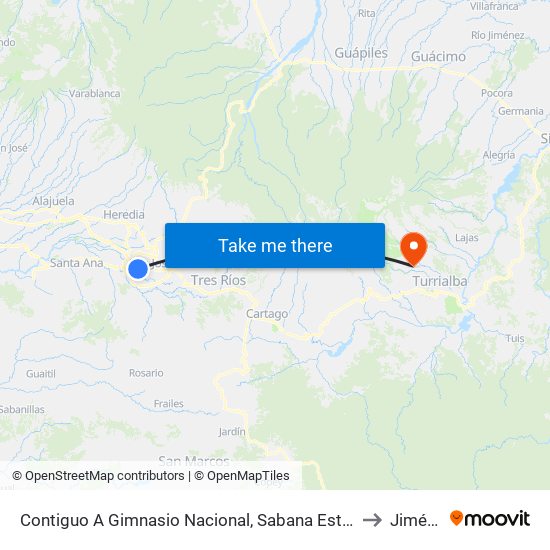 Contiguo A Gimnasio Nacional, Sabana Este San José to Jiménez map
