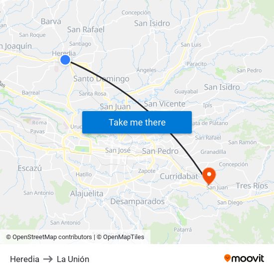 Heredia to La Unión map