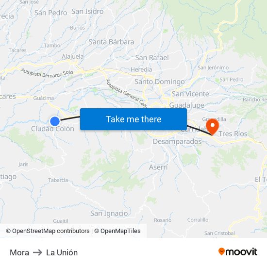 Mora to La Unión map