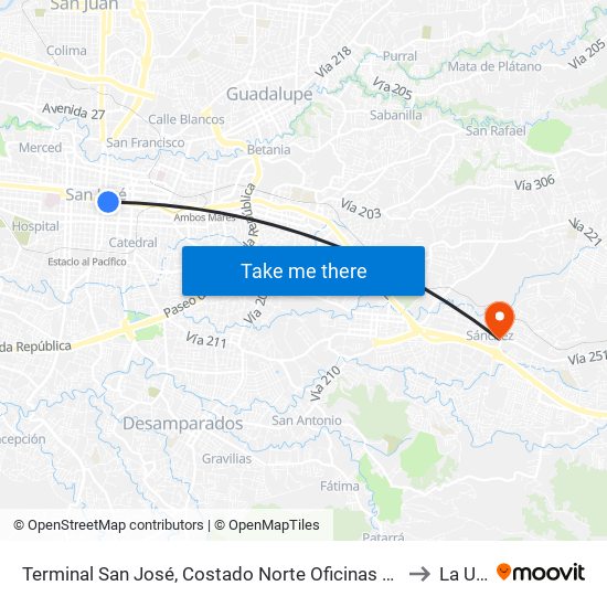 Terminal San José, Costado Norte Oficinas Ministerio De Hacienda to La Unión map