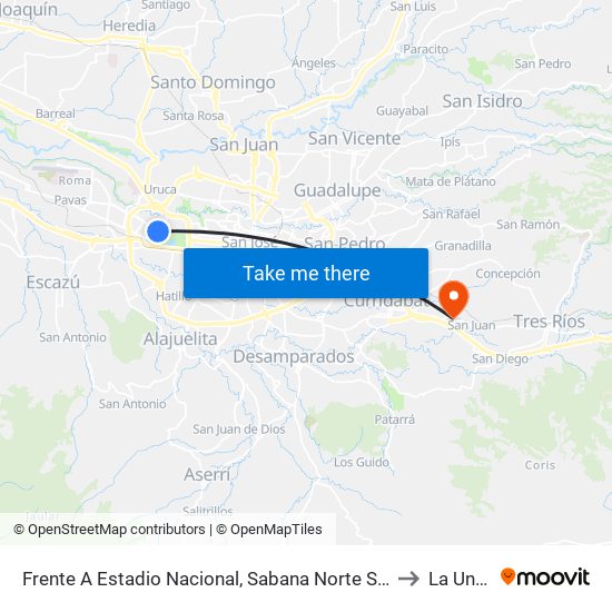 Frente A Estadio Nacional, Sabana Norte San José to La Unión map