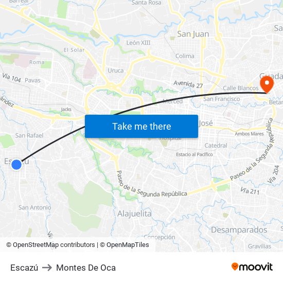 Escazú to Montes De Oca map