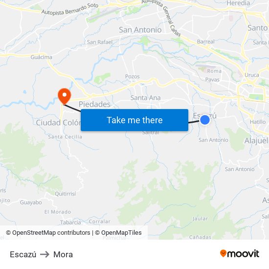 Escazú to Mora map