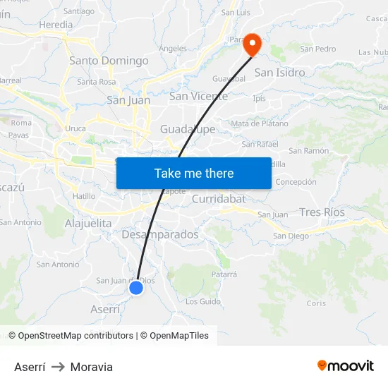 Aserrí to Moravia map