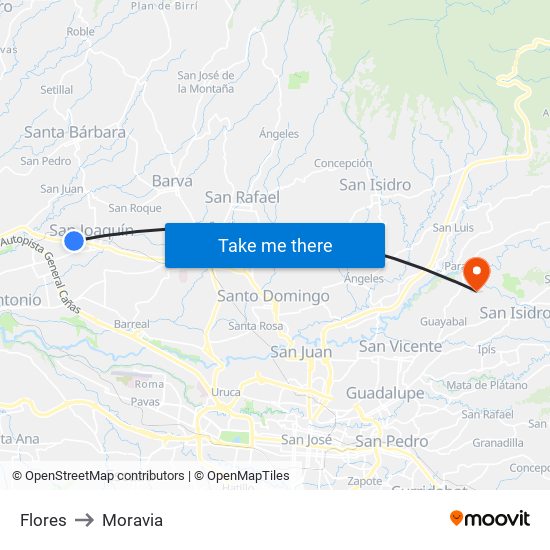 Flores to Moravia map