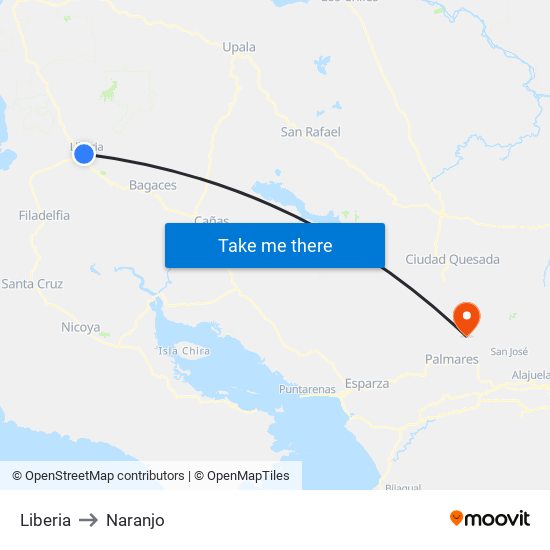 Liberia to Naranjo map