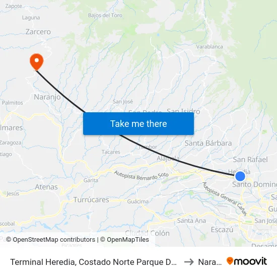Terminal Heredia, Costado Norte Parque De El Carmén to Naranjo map