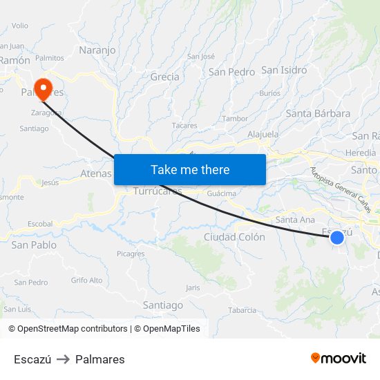 Escazú to Palmares map