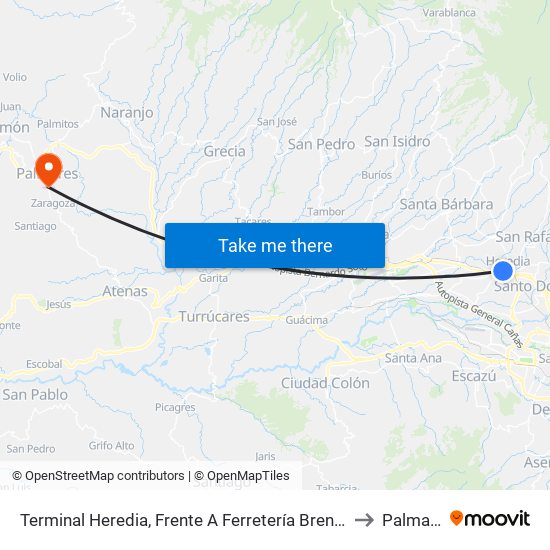 Terminal Heredia, Frente A Ferretería Brenes Heredia to Palmares map