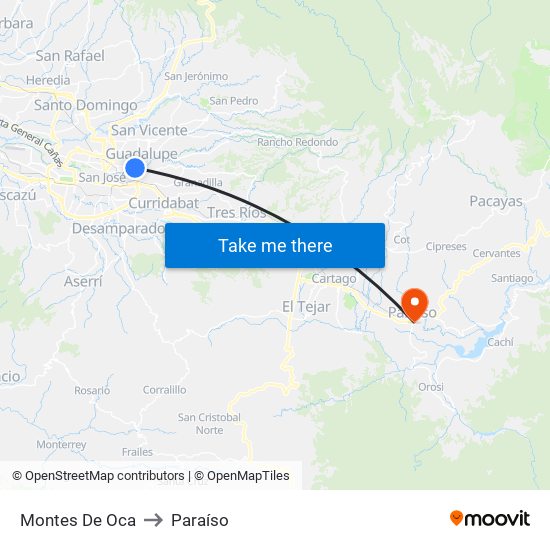 Montes De Oca to Paraíso map