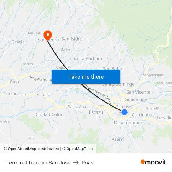 Terminal Tracopa San José to Poás map